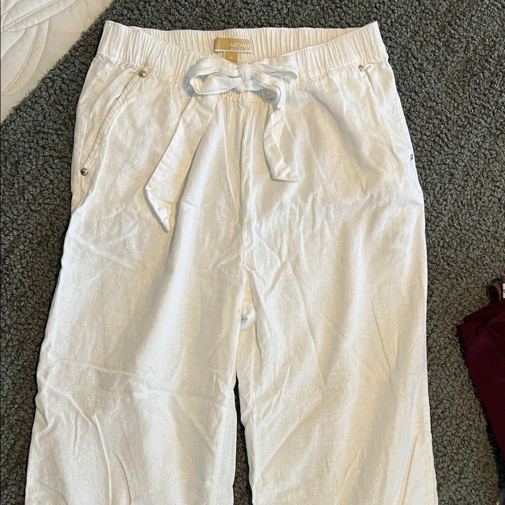 MICHAEL Michael Kors White Linen Wide-Leg Pants With Tie